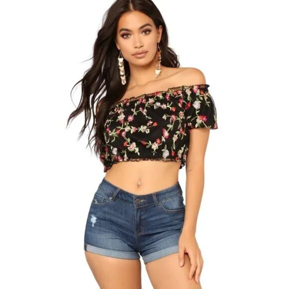 Forever 21 Floral Embroidered Black Mesh Ruffle Trim Off-The-Shoulder Crop Top - Picture 1 of 4